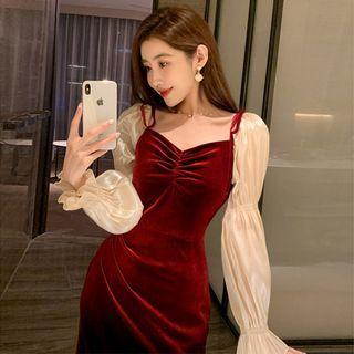 Bell-sleeve Velvet Midi Sheath Dress