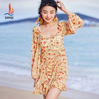 Long-sleeve Floral Print Swim Dress