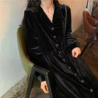 Long-sleeve Buttoned Midi A-line Velvet Dress Black - One Size