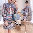 Set: Bell-sleeve Print Blouse + Mini A-line Skirt