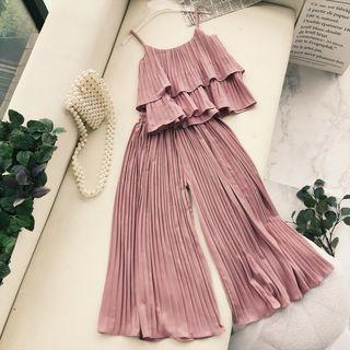 Set: Spaghetti-strap Layer Top + Wide-leg Pants