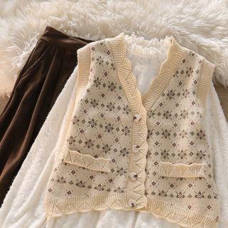 Floral Print Single-breasted Sweater Vest / Lace Blouse / Midi Skirt