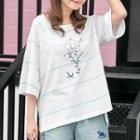 Floral Embroidered 3/4-sleeve T-shirt