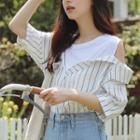 Mock Two-piece Short-sleeve Striped Shirt White - One Size