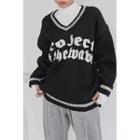 V-neck Letter Contrast-trim Sweater