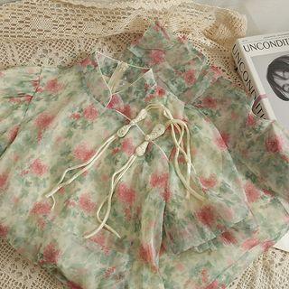 Frog-button Printed Mesh Qipao Dress