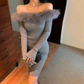 Long-sleeve Fluffy Trim Off-shoulder Knit Mini Dress