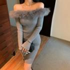 Long-sleeve Fluffy Trim Off-shoulder Knit Mini Dress