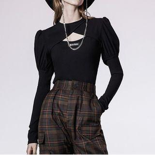 Long-sleeve Puff-shoulder Cutout T-shirt