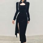 Cheongsam Collar Slited Velvet Midi Dress