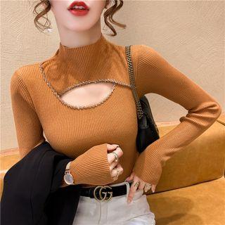 Mock-neck Cut-out Rhinestone Knit Top