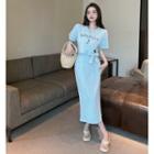 Short-sleeve Bow-accent Lettering T-shirt / High-waist Plain Midi Skirt