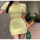 Set: Short-sleeve Knit Top + Mini Pencil Skirt Set Of 2 - Top & Skirt - Yellow - One Size