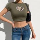 Short-sleeve Heart Embroidered Crop Top