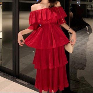 Off-shoulder Plain Layered Midi A-line Dress