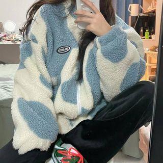 Cow Print Fleece Zip-up Jacket Blue - One Size