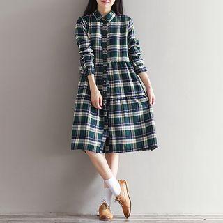 Plaid Long-sleeve Midi A-line Shirt Dress