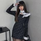 Long-sleeve Long-sleeve Plaid Frill Trim Mini Bodycon Dress