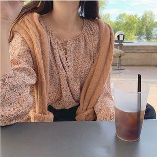 Round-neck Floral Long-sleeve Shirt Pink - One Size