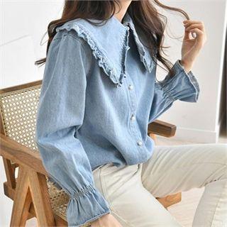 Frilled Wide-collar Denim Blouse Blue - One Size