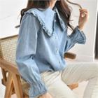 Frilled Wide-collar Denim Blouse Blue - One Size