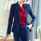 Set: Mini Pencil Skirt + Bow Accent Blouse + Slim-fit Dress Pants + Single-buttoned Blazer
