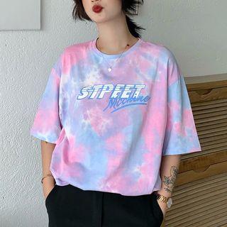 Lettering Tie-dyed Elbow-sleeve T-shirt