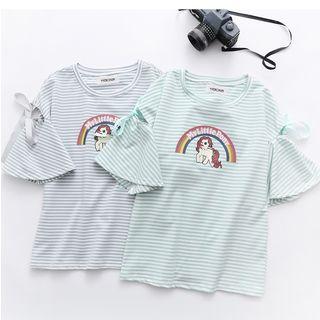Elbow-sleeve Striped Unicorn Print T-shirt