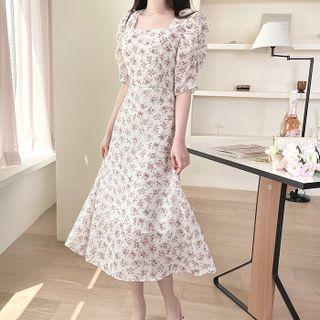 Square-neck Shirred Floral Long Dress
