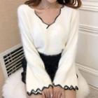 V-neck Wave Hem Wide-sleeve Sweater