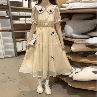 Short-sleeve Collared Bow Accent Midi A-line Dress