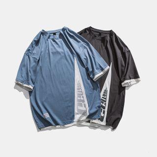 Mock Two Piece Elbow-sleeve Color Block Lettering T-shirt