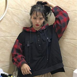 Plaid Panel Long-sleeve Hoodie