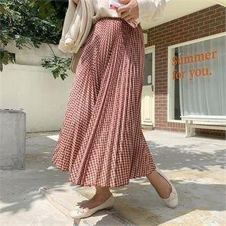 Band-waist Accordion-pleat Checked Skirt