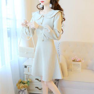 Faux Pearl Button Collared A-line Knit Dress