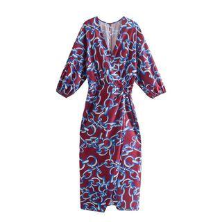 Long-sleeve Chain Print Slit Midi Sheath Dress