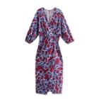 Long-sleeve Chain Print Slit Midi Sheath Dress