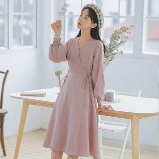 Long-sleeve Plaid Gathered-waist Midi Dress