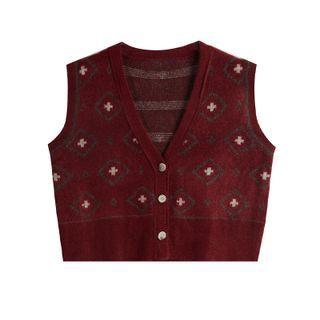 V-neck Crop Knit Vest Dark Red - One Size