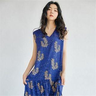 V-neck Foliage Long Pinafore Dress
