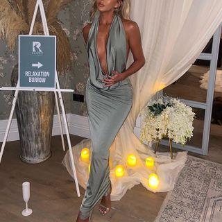 Halter-neck Satin Maxi Bodycon Dress