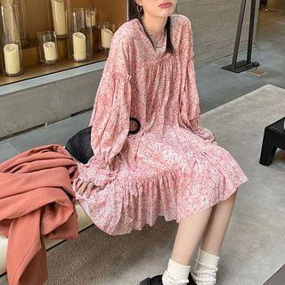 Long-sleeve Flower Print Midi Shift Dress / Shift Dress