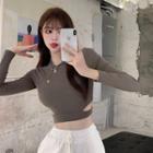 Plain Long-sleeve Slim-fit Crop Top - 2 Colors