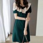 Short-sleeve Cold-shoulder Ruffle Trim A-line Dress