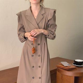 Double-breasted Frill Trim Midi A-line Blazer Dress
