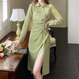 Long Sleeve Asymmetrical Draped Shirtdress