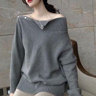 Plain Off-shoulder Long-sleeve Loose-fit Knit Top Gray - One Size