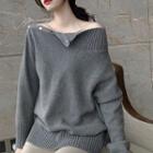 Plain Off-shoulder Long-sleeve Loose-fit Knit Top Gray - One Size