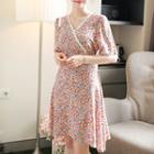 Wrap-front Lace-trim Floral Midi Dress Beige - One Size
