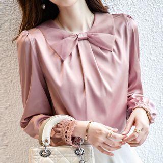 Long-sleeve Bow Lace Trim Blouse